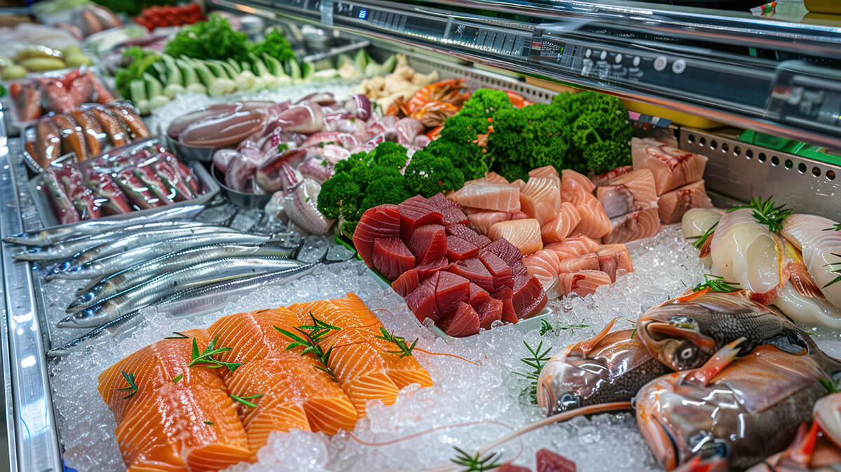 Assorted fresh fish on ice in grocery store